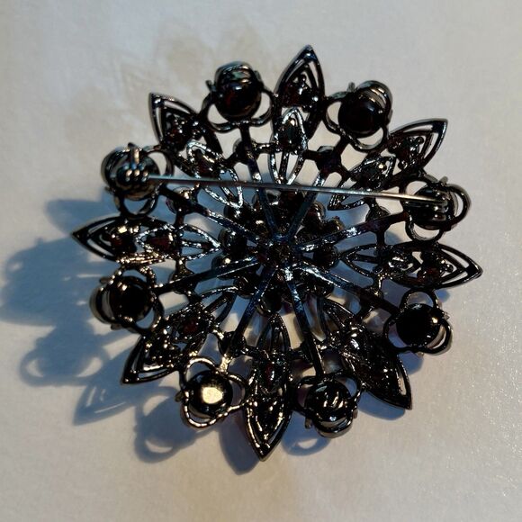 MJ Pink Rhinestone Flower Brooch Black Metal Filigree Layered Vintage Style - Picture 3 of 7